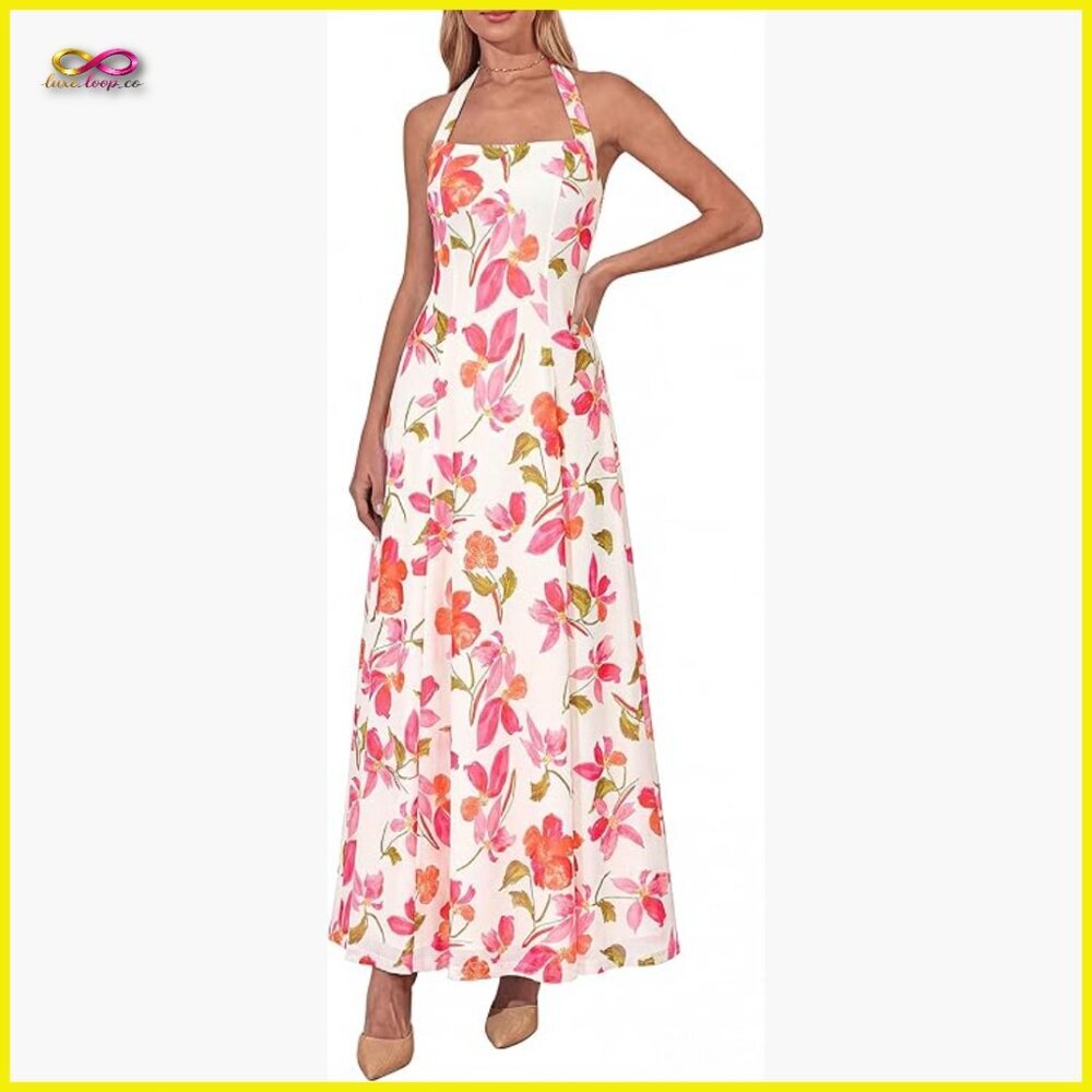 Sleeveless Halter Maxi Dress Floral Mesh Flowy A-Line Formal Boho Chic